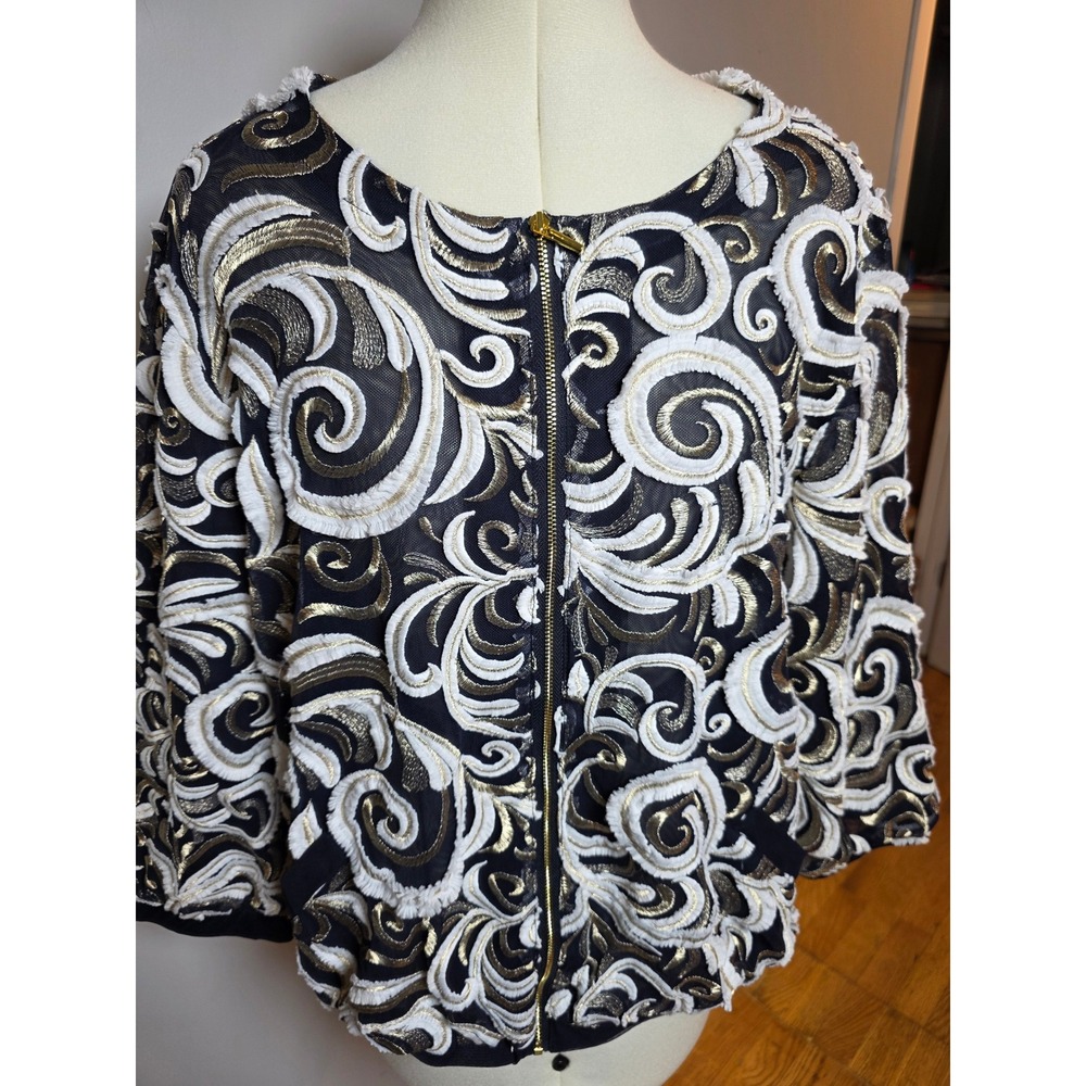 Chicos Travelers Gold White Embroidered Mesh Bomber Jacket Size 3 Large XL